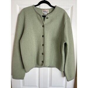 Vintage Tally-Ho Sage Green Boiled 100% Wool Cardigan Cottagecore Academia Sz L